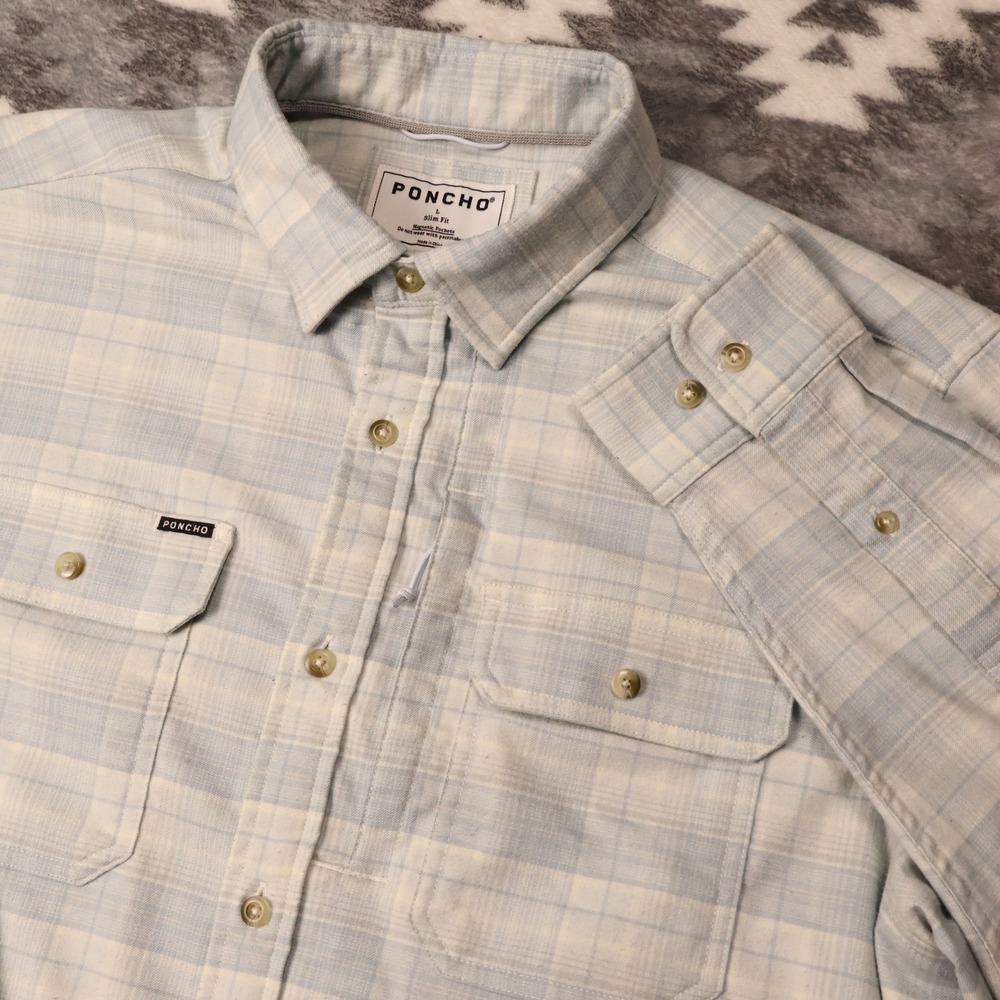Poncho Outdoors Slim Fit Magnetic Pocket Plaid Shirt Light Blue Mens Large